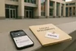 Смартфон с размытым комментарием и папка «судебные документы» на фоне здания суда в Калгари