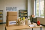 Приёмная современного продовольственного банка в Канаде: коробки с продуктами и лист регистрации, дневной свет.