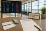 Табло аэропорта с пометками «Cancelled» и рядом нейтральные бланки претензии на компенсацию без людей