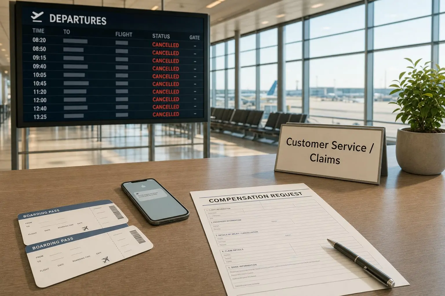 Табло аэропорта с пометками «Cancelled» и рядом нейтральные бланки претензии на компенсацию без людей