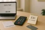 Смартфон на громкой связи рядом с ноутбуком и заметкой «$30 за звонок», нейтральный свет
