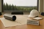 Карта маршрута и образец трубы на столе для общественных консультаций, за окном лес Альберты