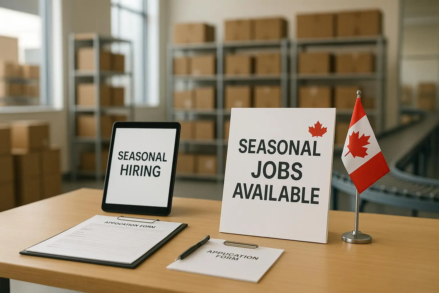 Стол с анкетами и табличкой «Seasonal Hiring» в современном складе, намёк на Канаду и рост заказов