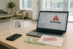 Светлый интерьер банковского офиса: смартфон и конверт с отметкой «отказ», рядом канадские купюры