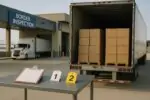 Грузовик на спокойном пограничном пункте досмотра: нейтральная сцена проверки грузов при дневном свете.