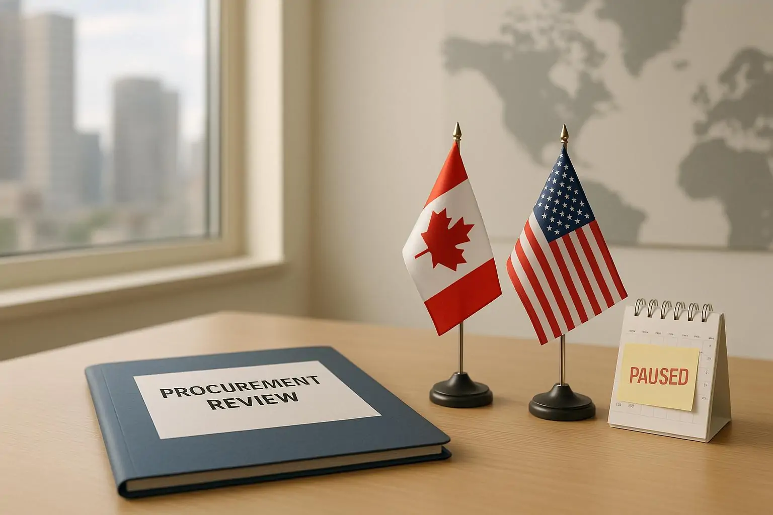 Нейтральный офис: папка «Procurement Review», флаги Канады и США и заметка «пауза» на столе