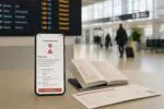 Смартфон с уведомлением о поездке рядом с документами на фоне табло вылетов с пометками «задержка».
