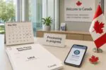 Документы LMIA и заявка на рабочую визу на столе в офисе, календарь без дедлайна, спокойный свет