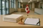 Официальные документы и штамп «пауза» на столе в госздании Канады, мягкий дневной свет
