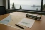 Карта западной Канады на столе с зелёной отметкой одобрения; за окном спокойное побережье Тихого океана.