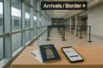 Канадский паспорт и посадочный талон в светлом зале аэропорта у таблички Border, символ новости
