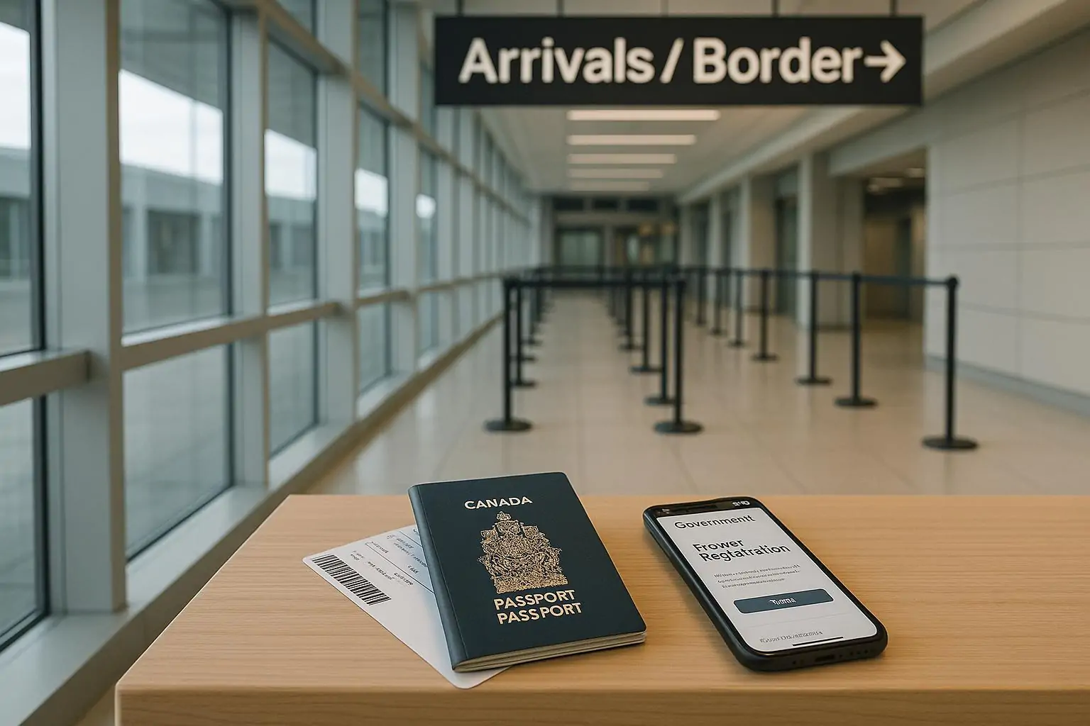 Канадский паспорт и посадочный талон в светлом зале аэропорта у таблички Border, символ новости