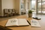 Светлая приёмная центра поддержки: блокнот «It’s okay to talk», брошюра о психическом здоровье и телефон.