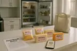 Упаковки сыра с нейтральными стикерами «отзыв» на кухонной столешнице у открытого холодильника
