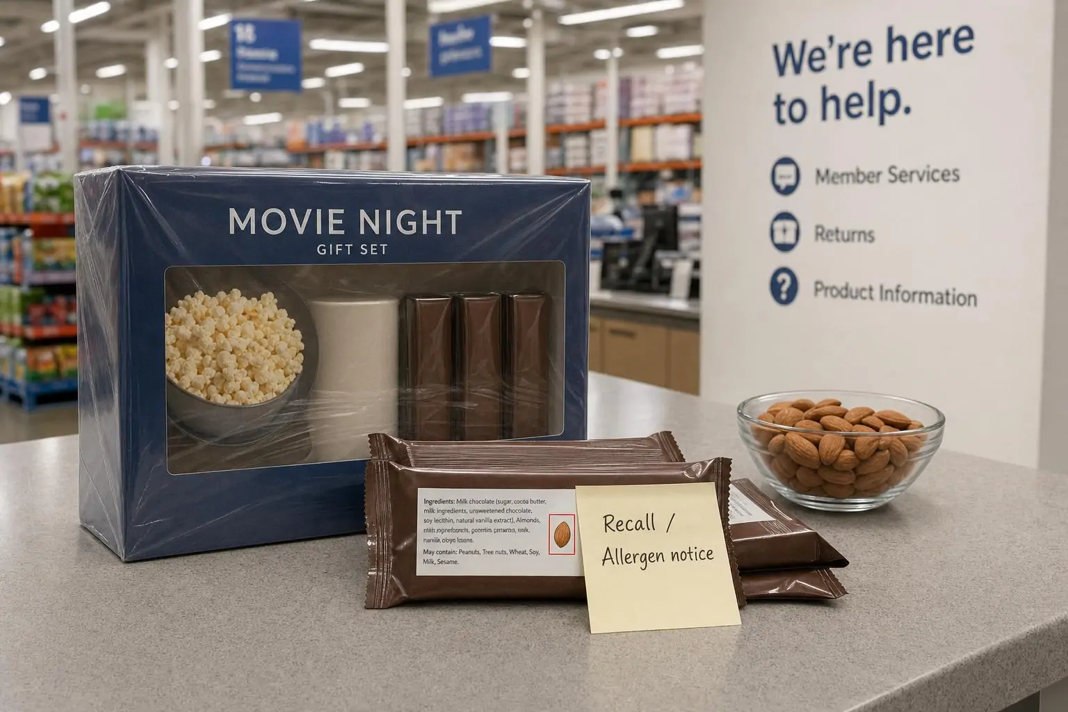 Набор «Movie Night» и плитки шоколада на стойке сервиса рядом с заметкой об отзыве из‑за аллергена.