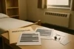 Стол в комнате общежития: папка с редактированными документами и маленькая веб-камера как символ расследования