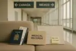 Паспорт и посадочный рядом с папкой «меддокументы» и календарём ожидания, символ лечения за границей
