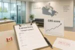 Стол в иммиграционном офисе Канады с формами Express Entry и графиком роста проходного балла CRS