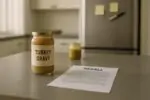 Кухонный стол: упаковка соуса к индейке рядом с листком об отзыве, на заднем плане банка горчицы