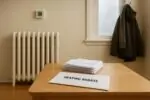 Счета за отопление и письмо о компенсации рядом с термостатом у окна в зимнем свете, без людей