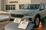Кроссовер на зимней парковке у сервиса, рядом конверт с уведомлением об отзыве и чек‑лист проверки