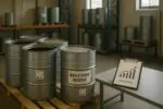 Светлый склад с почти пустыми бочками кленового сиропа и отметками запасов, символ дефицита