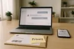 Ноутбук и смартфон с перепиской маркетплейса и настройками доступа, рядом размытая строка адреса.