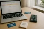 Ноутбук с предупреждением о киберинциденте и смартфон с вызовом на светлом столе, нейтральный фон