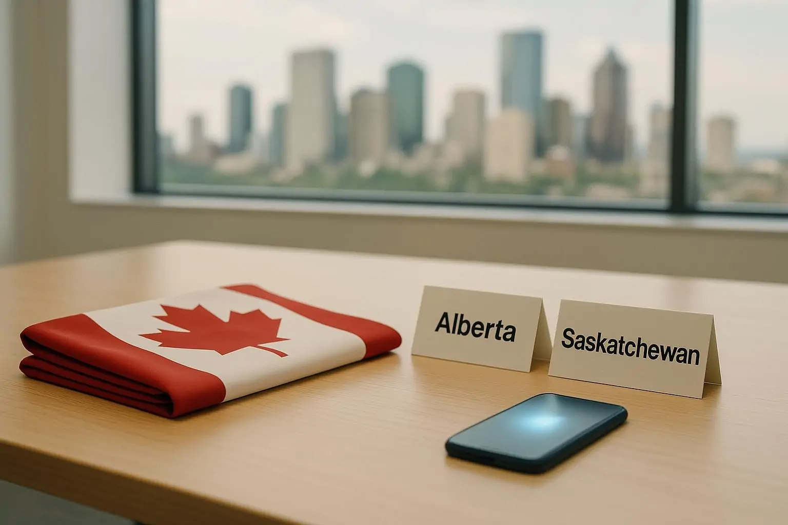 Канадский флаг и таблички «Alberta» и «Saskatchewan» на столе в светлой переговорной, нейтрально