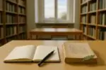 Открытая тетрадь и классическая греко-латинская книга на столе в светлой библиотеке, мягкий дневной свет.