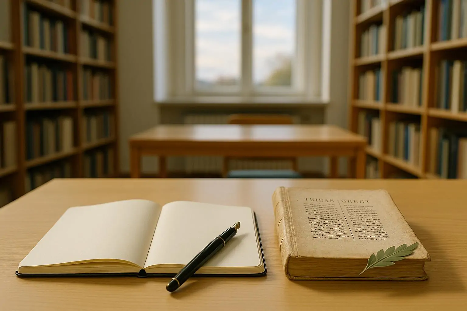 Открытая тетрадь и классическая греко-латинская книга на столе в светлой библиотеке, мягкий дневной свет.