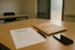 На столе лежит документ NDA и папка «конфиденциально», рядом телефон экраном вверх, нейтральный офис.