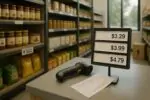 Спокойный кадр в магазине: ценники слегка повышены рядом с чеком и коробкой поставок, символ роста цен.