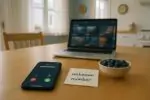 Смартфон с входящим звонком от неизвестного номера рядом с черникой и ноутбуком в светлой комнате