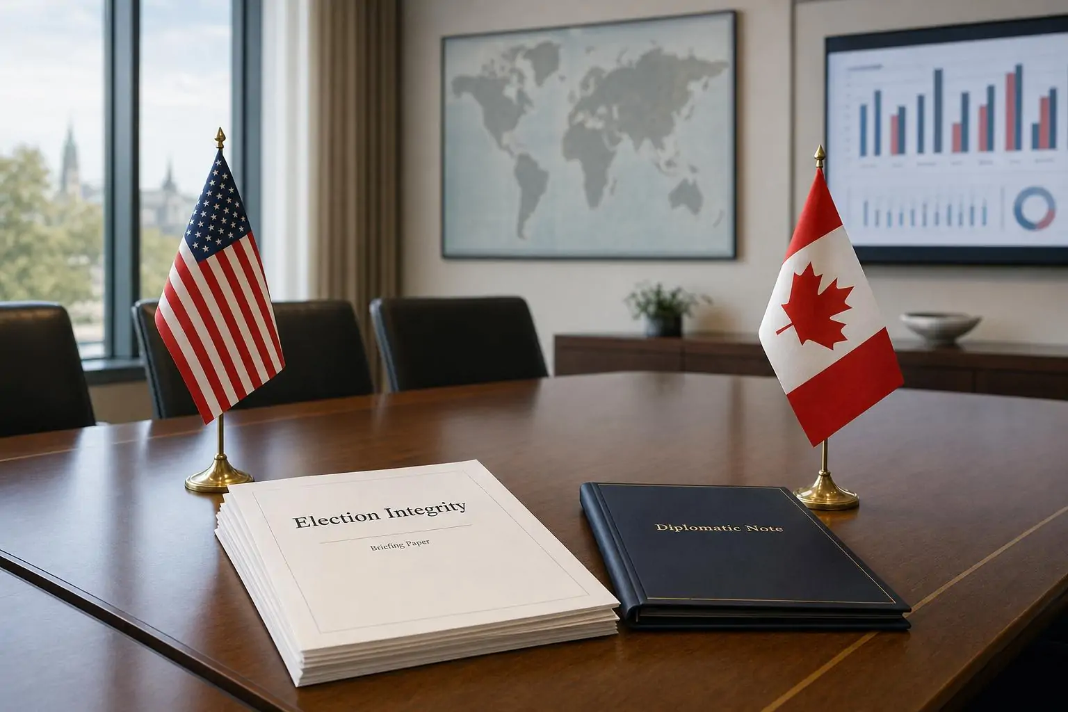 Документы о «целостности выборов» и раздельно стоящие флажки США и Канады в переговорной при дневном свете