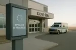 Фасад небольшой больницы в Альберте с информационным табло и спокойной обстановкой днём